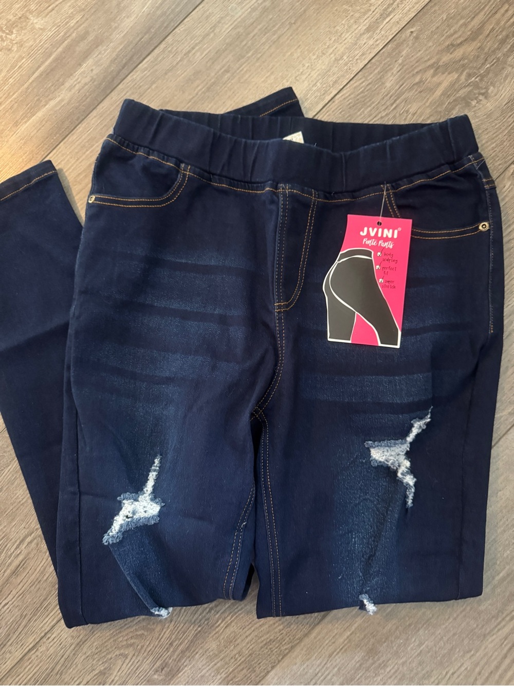 JVN Dark Indigo Distressed Pull-On Jeggings - Picture 6 of 9